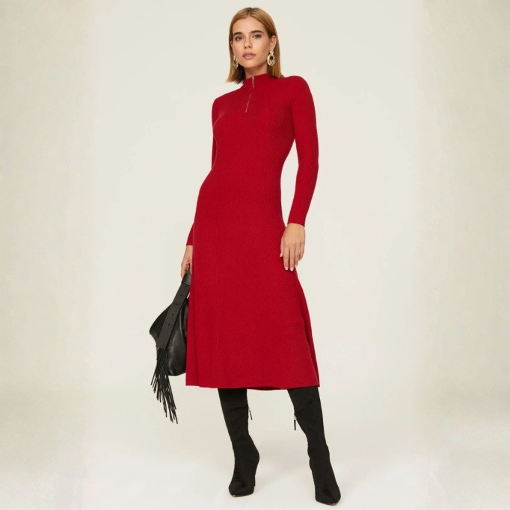 Jason Wu Collective Red Ribbed Knit Mock Neck Quarter Zip Midi Dress Large